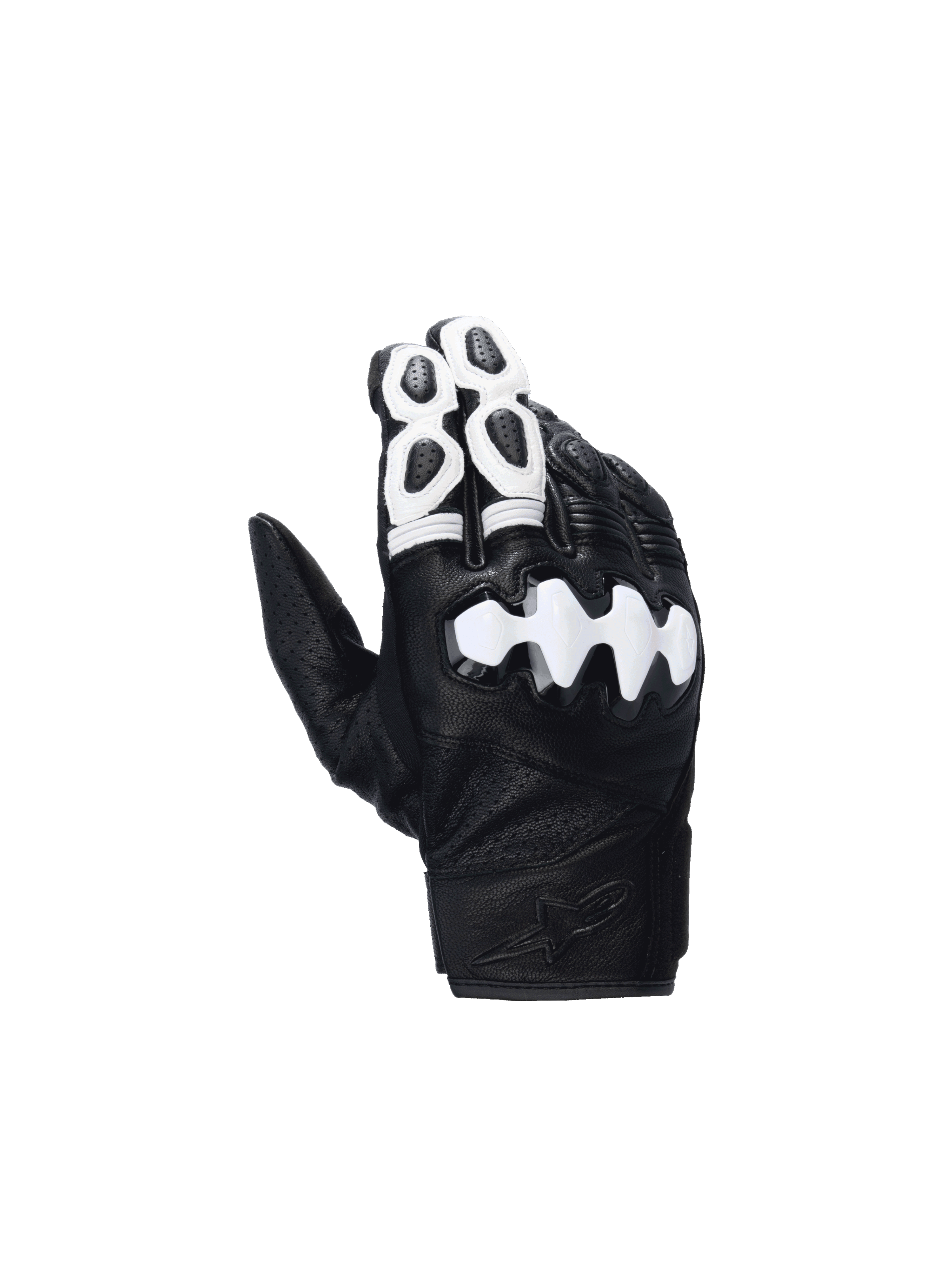 Alpinestars Celer V3, luvas de moto de estrada, pretas e brancas, em pele de cabra com proteção rígida nos nós dos dedos.
