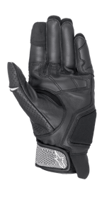 Luvas Morph Sport Alpinestars, luvas de motociclismo, pretas e brancas, vista da palma com painéis reforçados, polegar perfurado e tira de pulso texturizada com logótipo Alpinestars