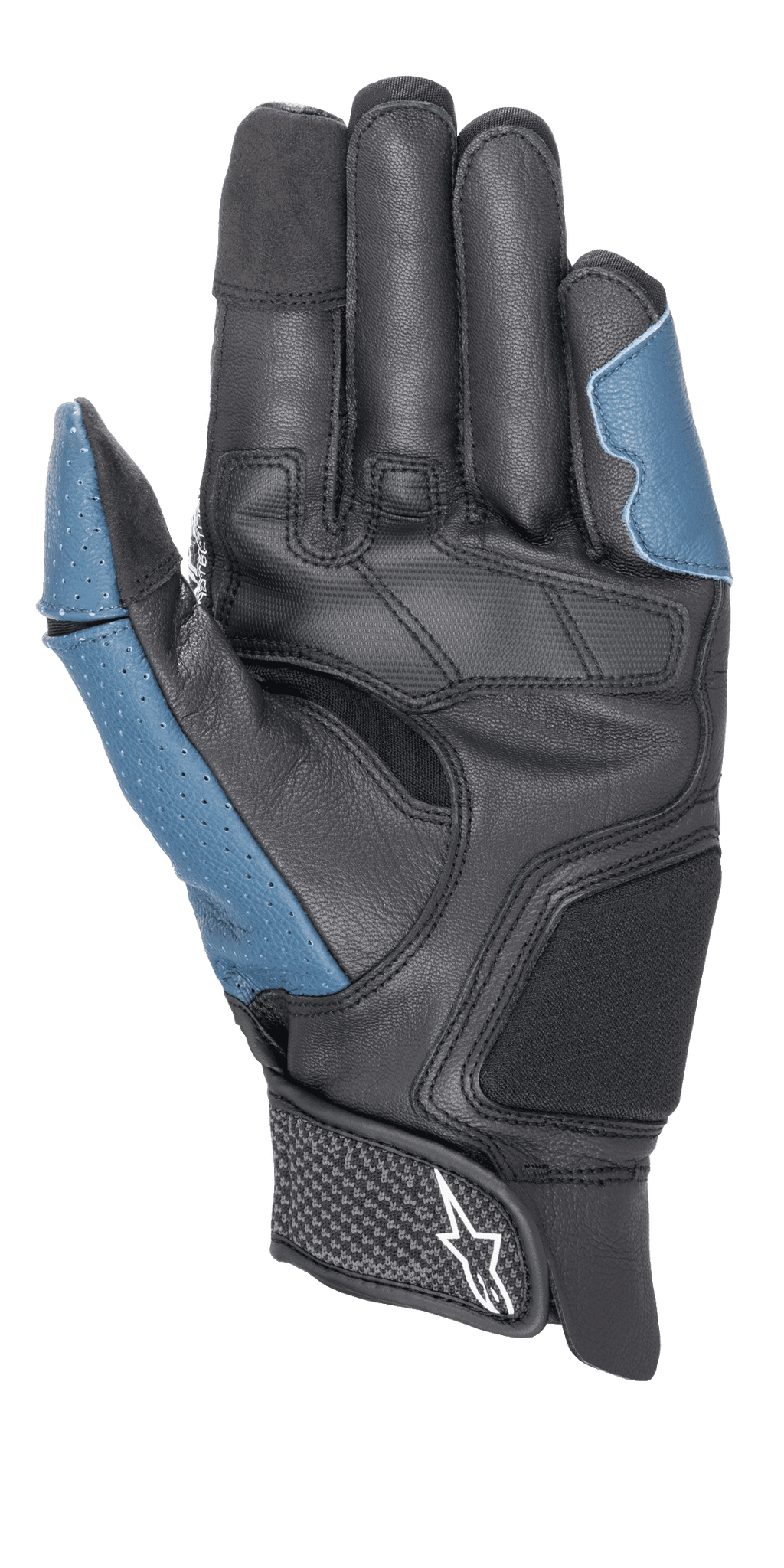 Luvas Alpinestars Morph Sport, vista da palma, Preto e Azul Sodalite, com palma em pele reforçada, painéis azuis perfurados no polegar e na lateral exterior, punho curto com tira de velcro e logótipo Alpinestars, equipamento de performance para condução desportiva e de estrada