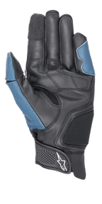 Luvas Alpinestars Morph Sport, vista da palma, Preto e Azul Sodalite, com palma em pele reforçada, painéis azuis perfurados no polegar e na lateral exterior, punho curto com tira de velcro e logótipo Alpinestars, equipamento de performance para condução desportiva e de estrada