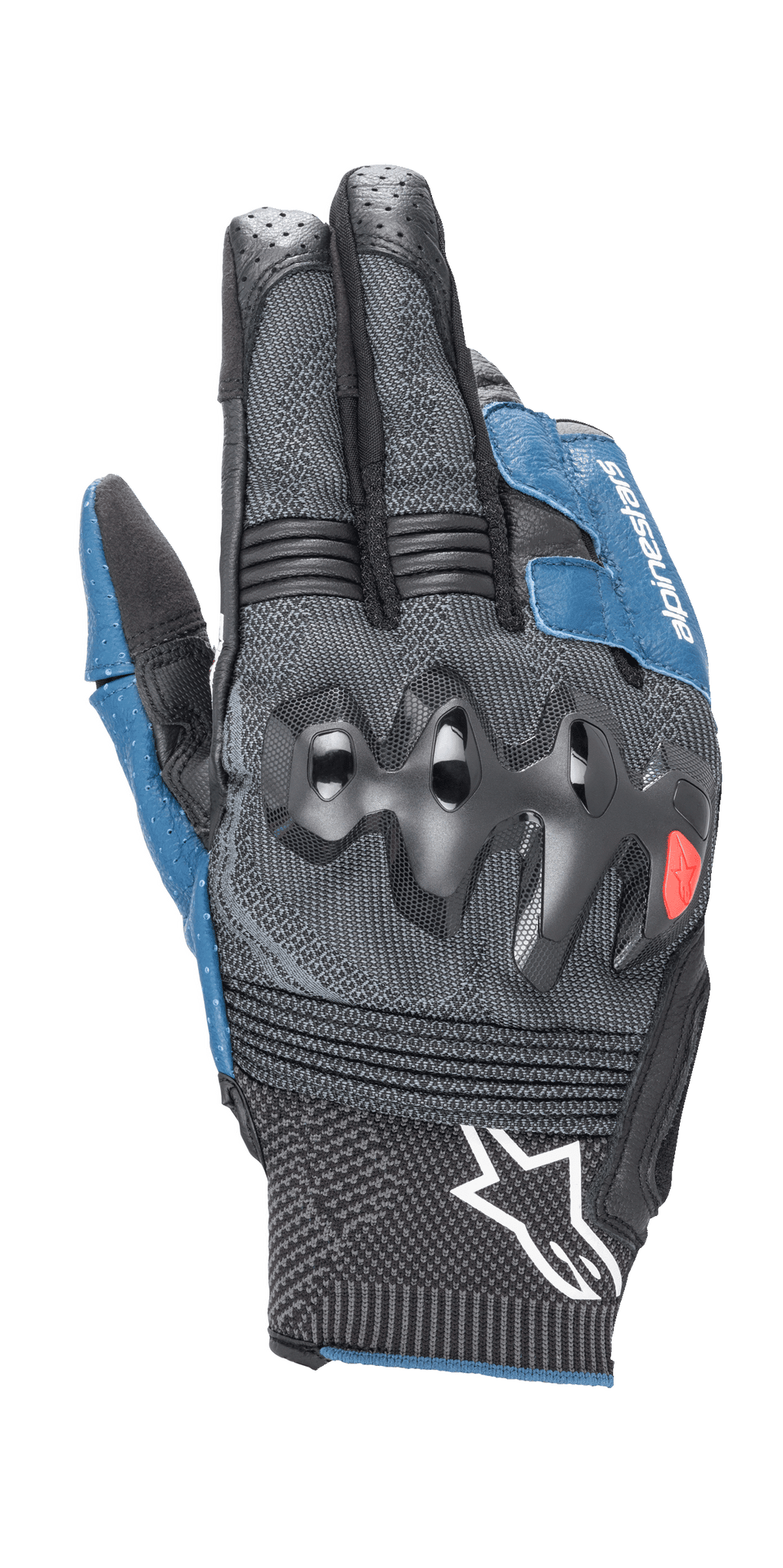 Alpinestars Morph Sport Gloves, luvas de motociclismo, pretas e azul Sodalite, com proteções de nós dos dedos sobre-injetadas, dorso em MorphTech Weave com inserções RIDEKNIT, logótipo de estrela branco no punho, tecido técnico texturizado para condução em estrada