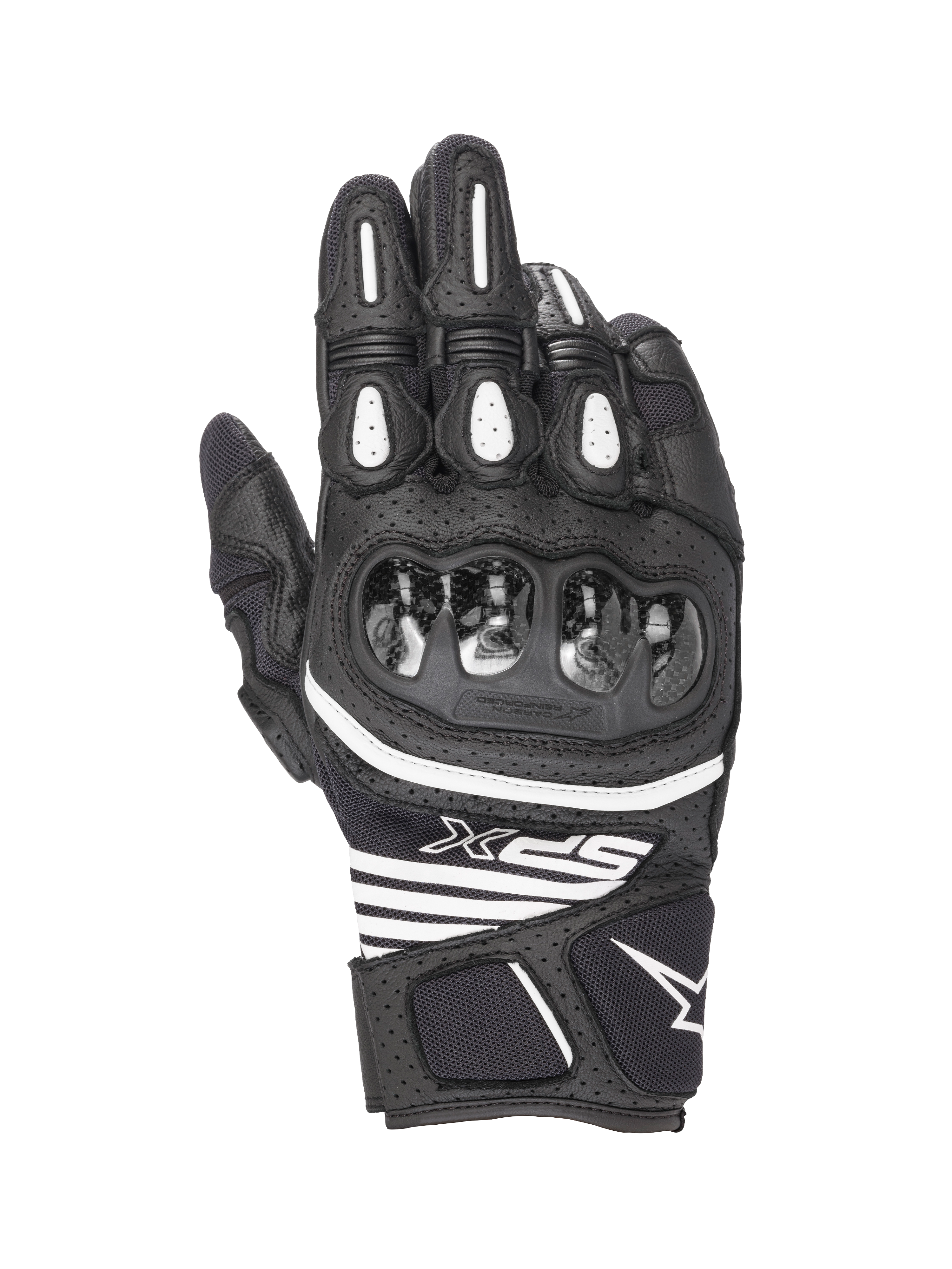 Alpinestars SPX AC V2, luvas de moto de verão curtas, pretas e brancas, certificadas CE, construção em couro e malha com proteção rígida de carbono nos nós dos dedos