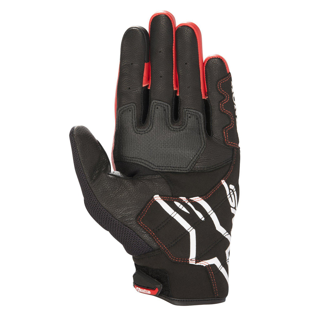 Alpinestars Honda SMX-2 Air Carbon V2 Gloves, Motorcycle Gloves, Black and Red, palm view featuring leather construction with 3D mesh, white Alpinestars logo, reinforced palm and thumb areas for grip, short cuff design.