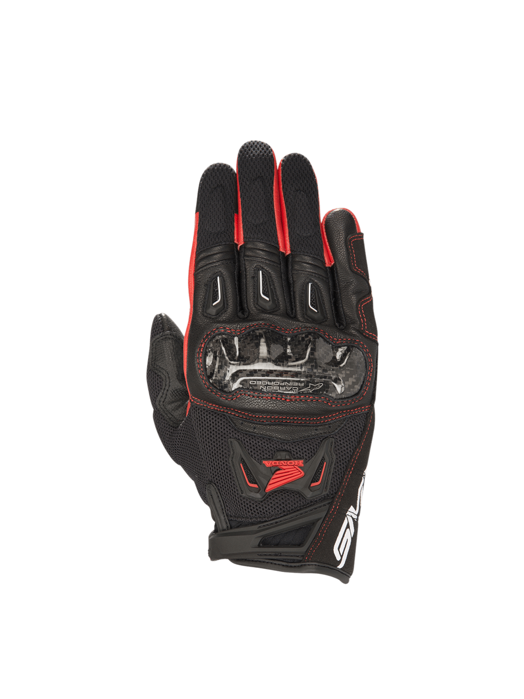 Alpinestars Honda SMX-2 Air Carbon V2 road gloves for men, black and red, with carbon knuckle guards and breathable mesh.