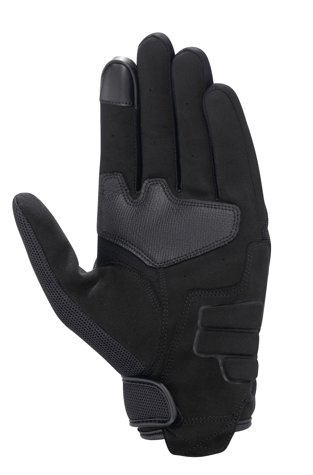 Luva Alpinestars Honda Copper, Preta, vista da palma da luva de motociclismo urbana com construção em camurça sintética, área da palma reforçada, ponta do dedo compatível com ecrã tátil e fecho de pulso de gancho e laço.