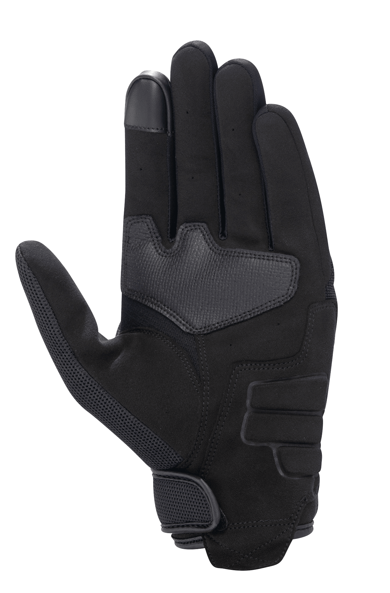Luva Alpinestars Honda Copper, Preta, vista da palma da luva de motociclismo urbana com construção em camurça sintética, área da palma reforçada, ponta do dedo compatível com ecrã tátil e fecho de pulso de gancho e laço.