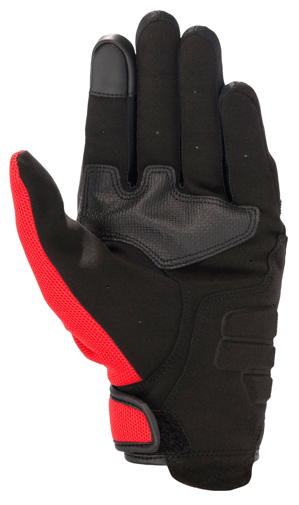 Luva Alpinestars Honda Copper, luva de motociclismo urbana, preta com detalhes em vermelho vivo, vista da palma em camurça sintética, reforço na palma, ponta do dedo compatível com ecrãs táteis e fecho de gancho e laço.
