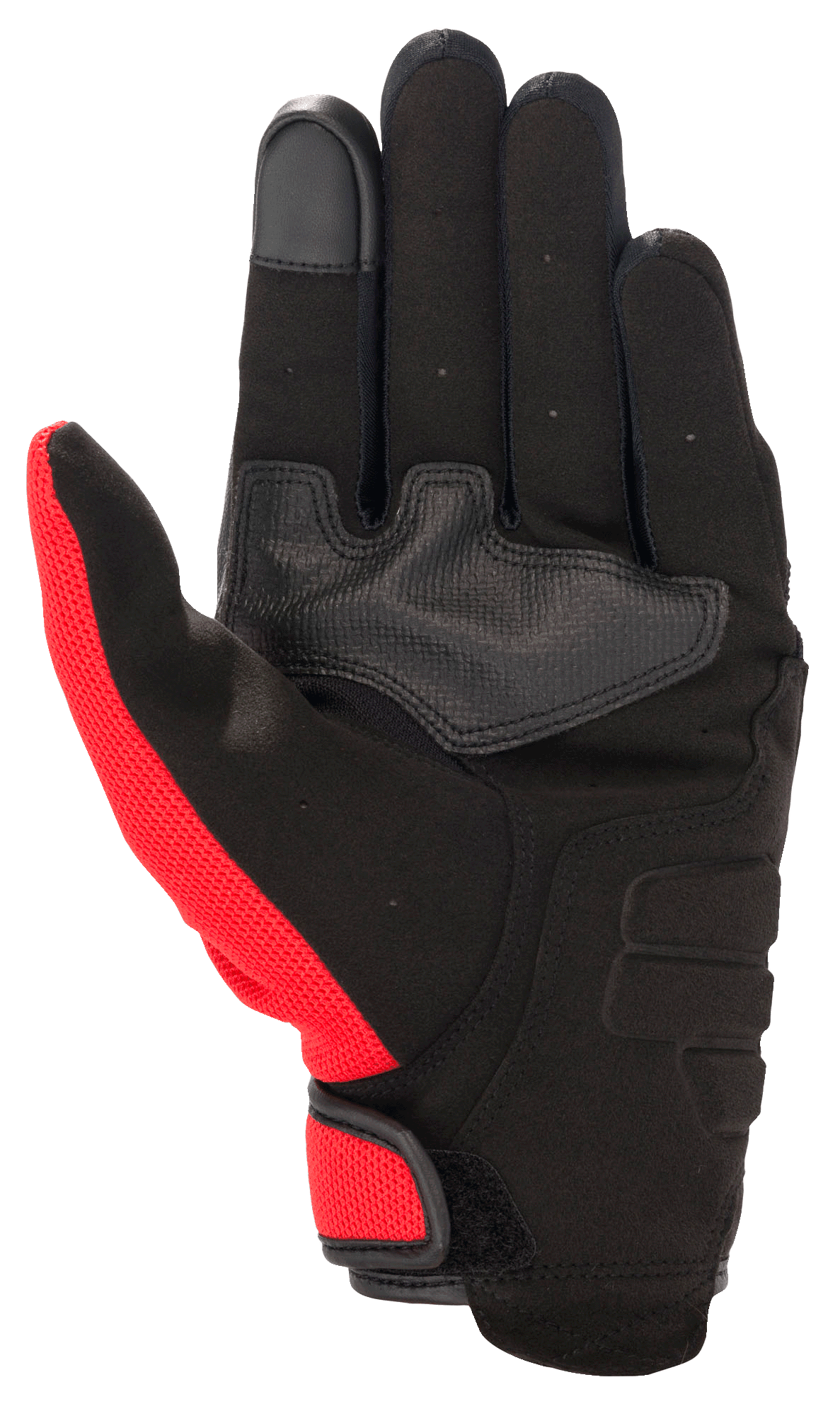 Luva Alpinestars Honda Copper, luva de motociclismo urbana, preta com detalhes em vermelho vivo, vista da palma em camurça sintética, reforço na palma, ponta do dedo compatível com ecrãs táteis e fecho de gancho e laço.