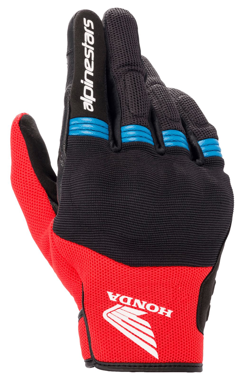 Luva Alpinestars Honda Copper, luvas de motociclismo, pretas e vermelho vivo com detalhes em azul, logótipo da asa da Honda no dorso, marca Alpinestars no dedo indicador, construção em malha com pormenores de acordeão nos dedos, estilo urbano de punho curto