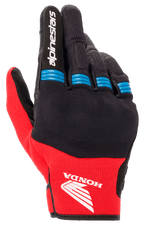 Luva Alpinestars Honda Copper, luvas de motociclismo, pretas e vermelho vivo com detalhes em azul, logótipo da asa da Honda no dorso, marca Alpinestars no dedo indicador, construção em malha com pormenores de acordeão nos dedos, estilo urbano de punho curto