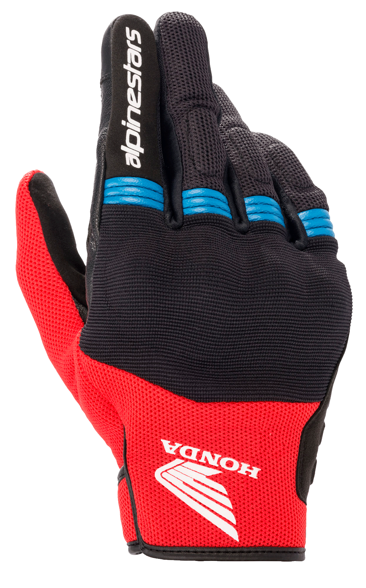 Luva Alpinestars Honda Copper, luvas de motociclismo, pretas e vermelho vivo com detalhes em azul, logótipo da asa da Honda no dorso, marca Alpinestars no dedo indicador, construção em malha com pormenores de acordeão nos dedos, estilo urbano de punho curto