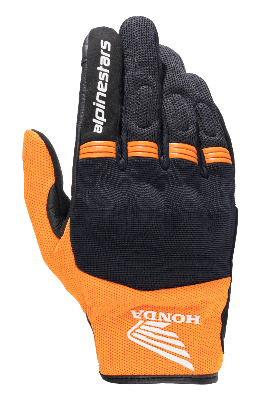 Alpinestars Honda Copper Glove, luva de motociclismo urbana leve, preto e laranja, com o logótipo da asa da Honda no pulso, texto Alpinestars no dedo indicador, construção em malha e painéis em acordeão cor de laranja nos nós dos dedos