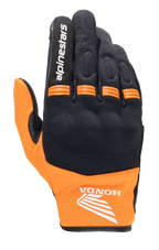 Alpinestars Honda Copper Glove, luva de motociclismo urbana leve, preto e laranja, com o logótipo da asa da Honda no pulso, texto Alpinestars no dedo indicador, construção em malha e painéis em acordeão cor de laranja nos nós dos dedos