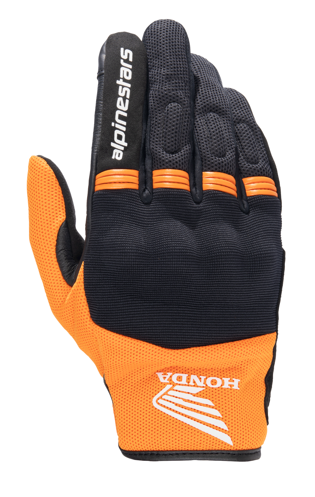 Alpinestars Honda Copper Glove, luva de motociclismo urbana leve, preto e laranja, com o logótipo da asa da Honda no pulso, texto Alpinestars no dedo indicador, construção em malha e painéis em acordeão cor de laranja nos nós dos dedos