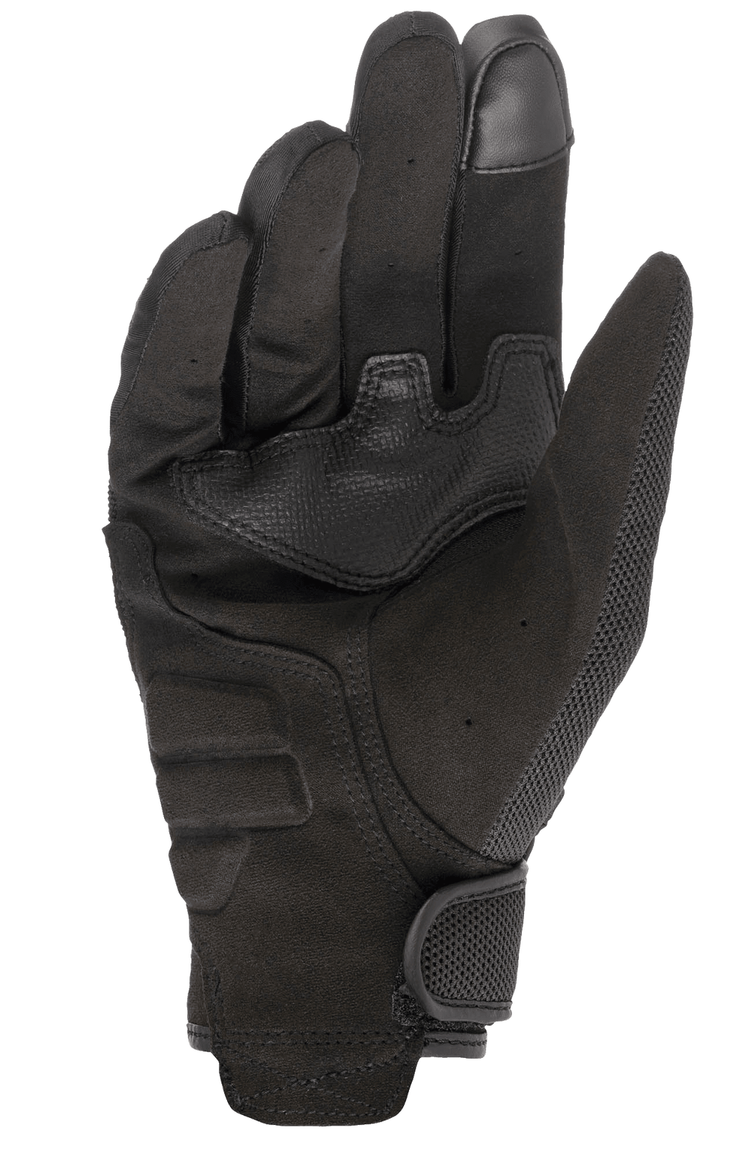Luvas Alpinestars Copper, luvas de motociclismo urbanas, pretas, vista da palma com material em camurça sintética, ponta do dedo compatível com ecrã tátil, acolchoamento reforçado na palma e fecho de pulso seguro com gancho e laço.