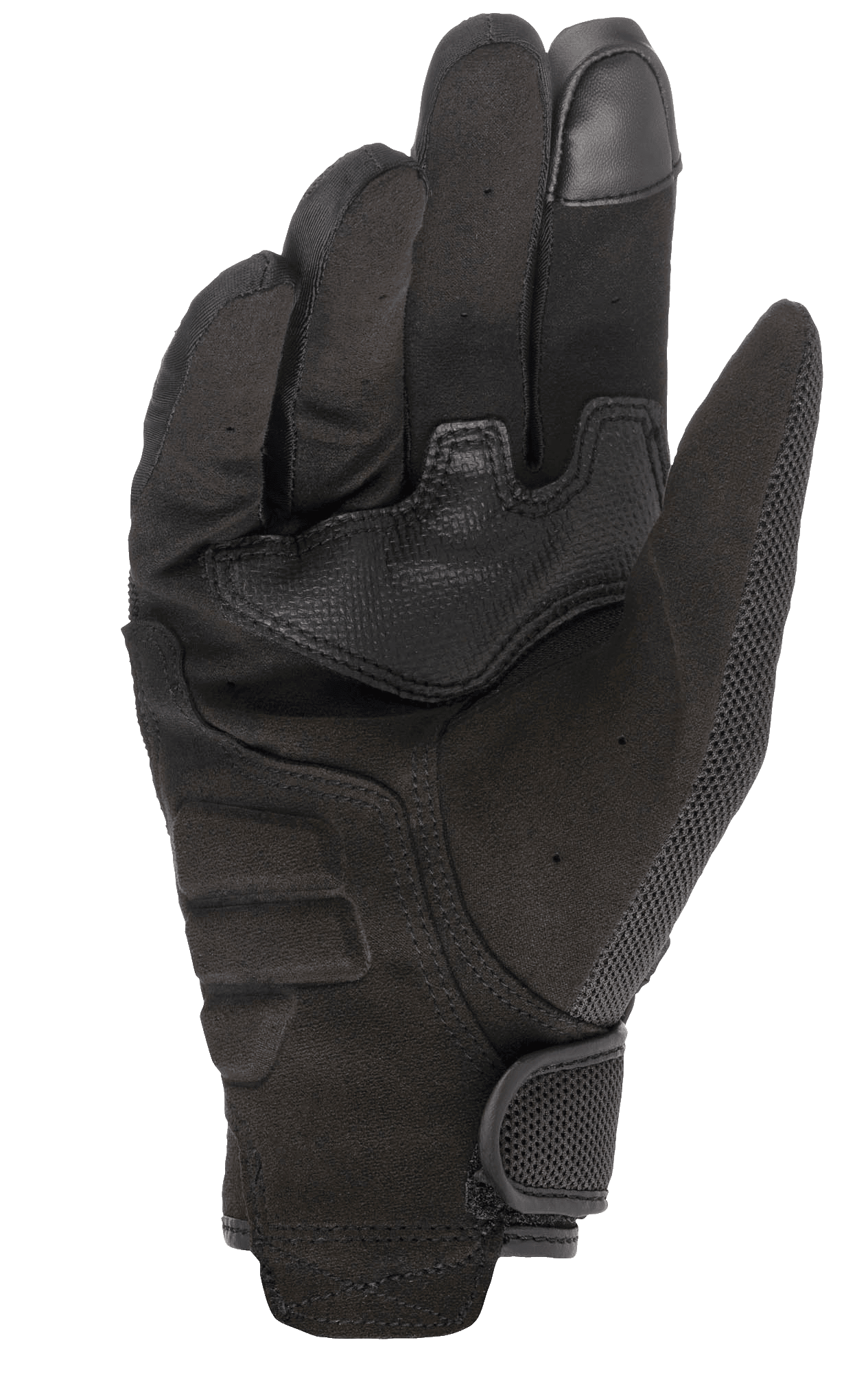 Luvas Alpinestars Copper, luvas de motociclismo urbanas, pretas, vista da palma com material em camurça sintética, ponta do dedo compatível com ecrã tátil, acolchoamento reforçado na palma e fecho de pulso seguro com gancho e laço.