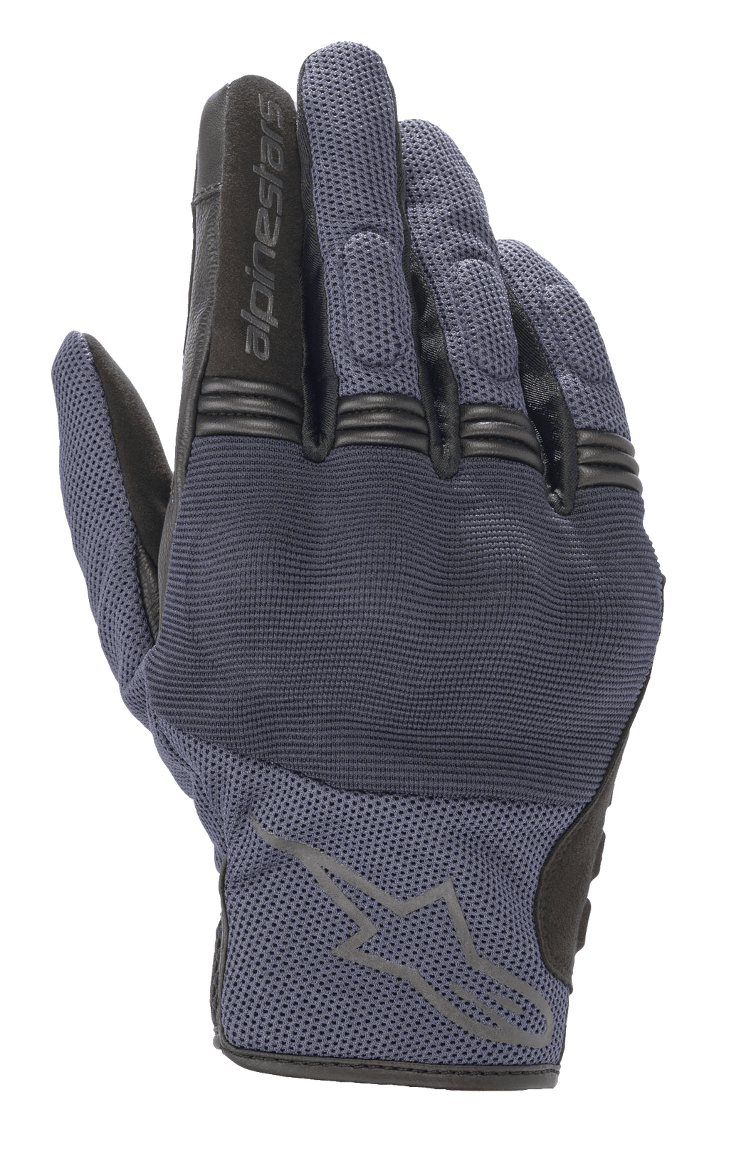 Alpinestars Copper Gloves, Urban Motorcycle Gloves, Mood Indigo Blue with black accents, mesh textile construction, featuring hard knuckle protection and accordion finger joints, Alpinestars logo on the backhand