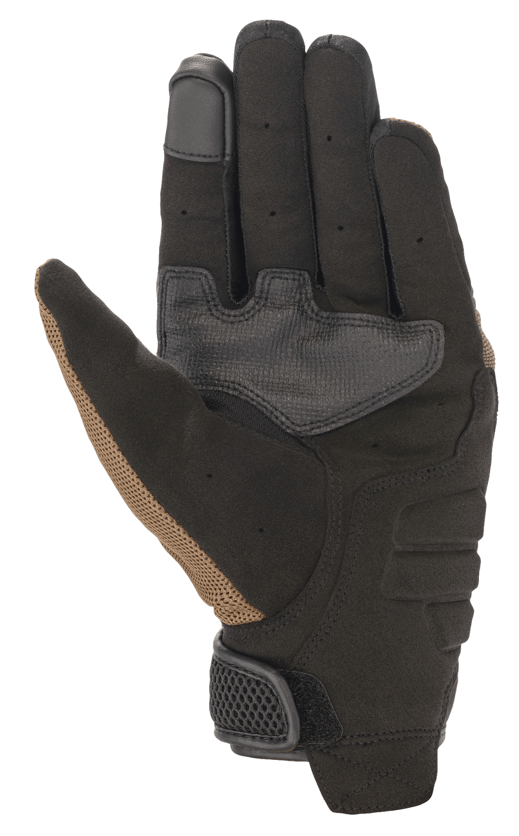Luvas Alpinestars Copper, luvas de motociclismo urbanas, Teak e preto, vista da palma com construção em camurça sintética, painéis de aderência reforçados, ponta do dedo compatível com ecrã tátil e detalhes perfurados nos dedos