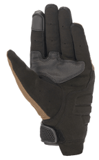 Luvas Alpinestars Copper, luvas de motociclismo urbanas, Teak e preto, vista da palma com construção em camurça sintética, painéis de aderência reforçados, ponta do dedo compatível com ecrã tátil e detalhes perfurados nos dedos