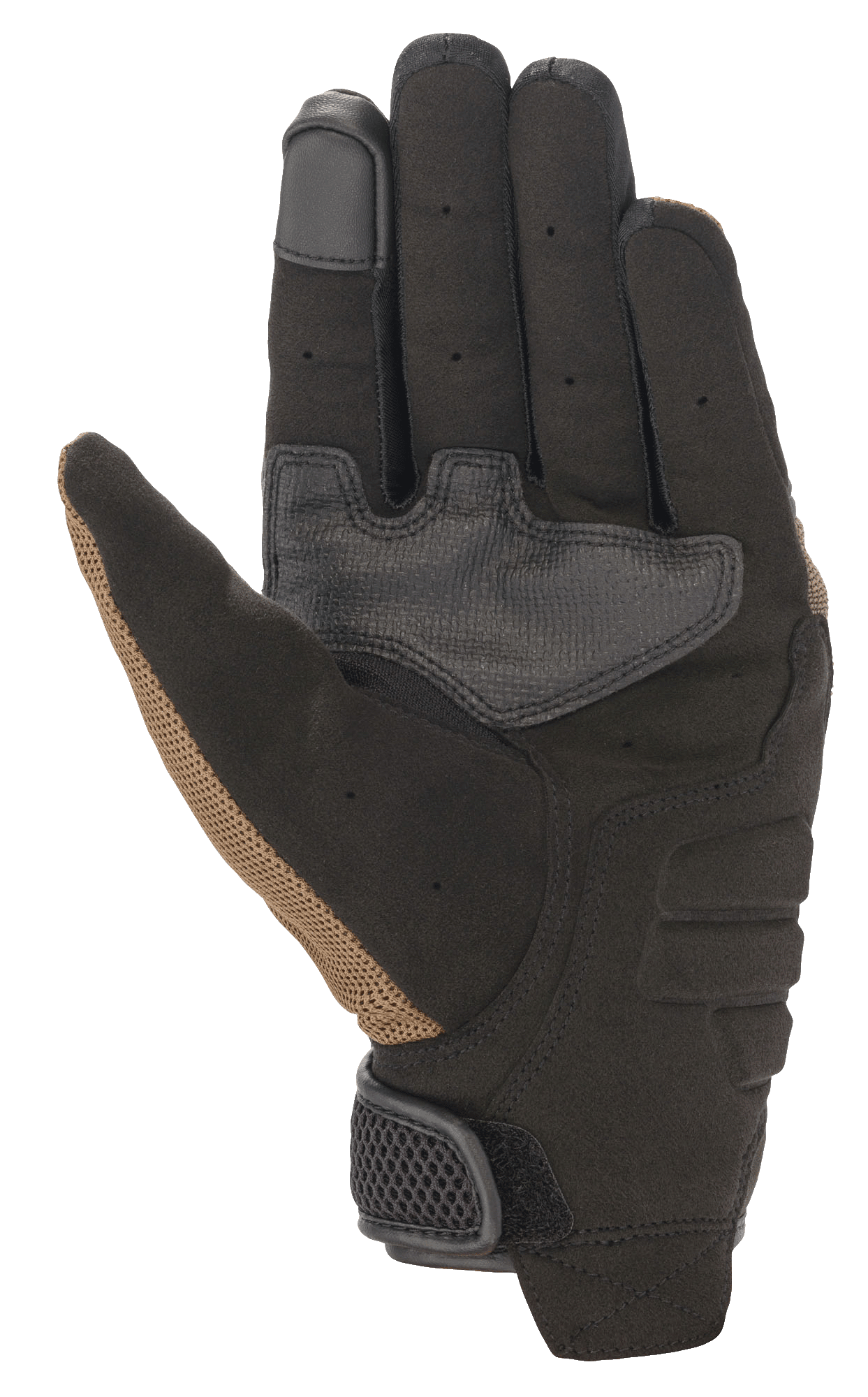 Luvas Alpinestars Copper, luvas de motociclismo urbanas, Teak e preto, vista da palma com construção em camurça sintética, painéis de aderência reforçados, ponta do dedo compatível com ecrã tátil e detalhes perfurados nos dedos
