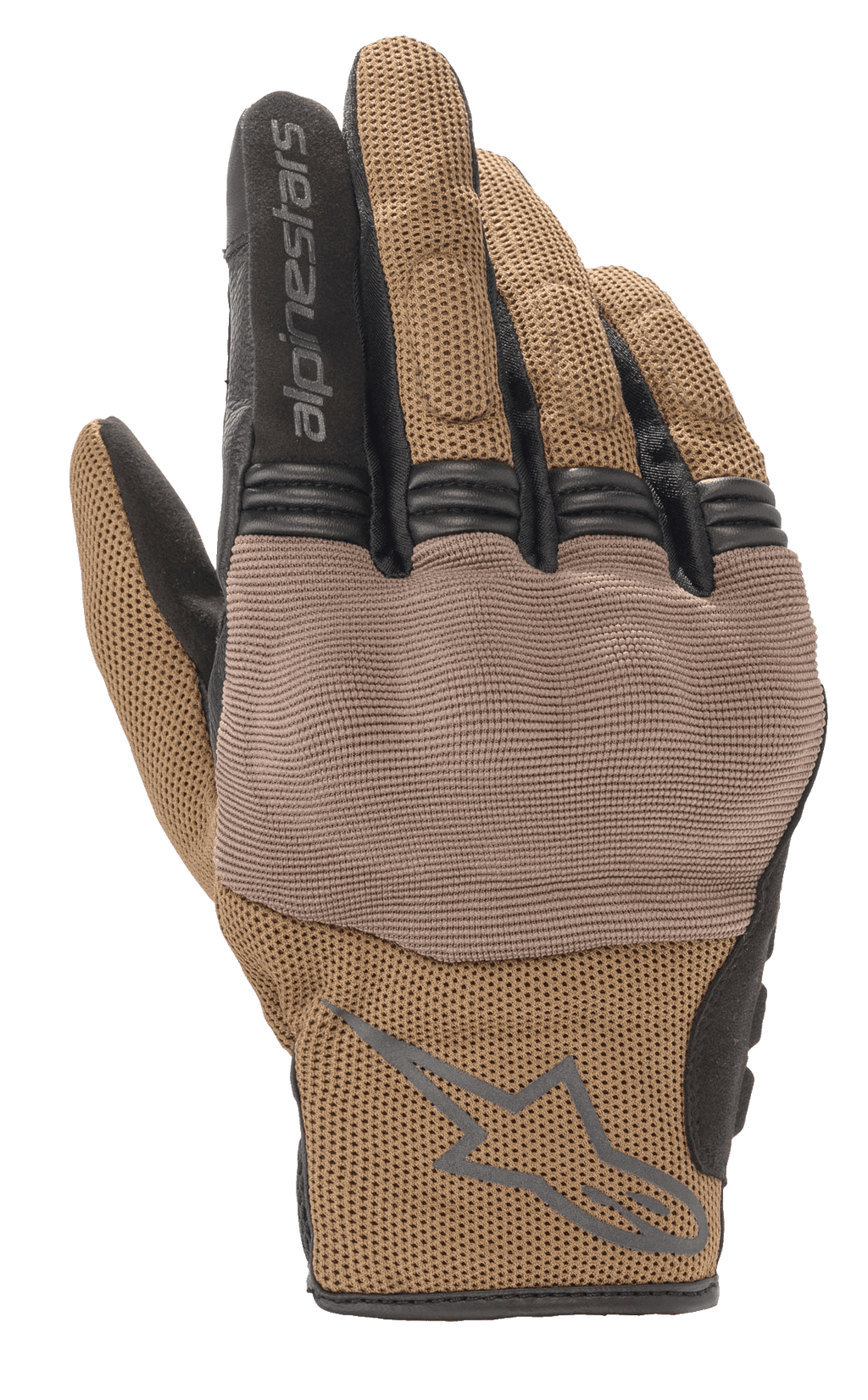 Alpinestars Copper Gloves, luvas de motociclismo urbanas, castanho teak e pretas, construção em malha respirável, painel texturizado sobre os nós dos dedos, punho curto com logótipo e marca Alpinestars