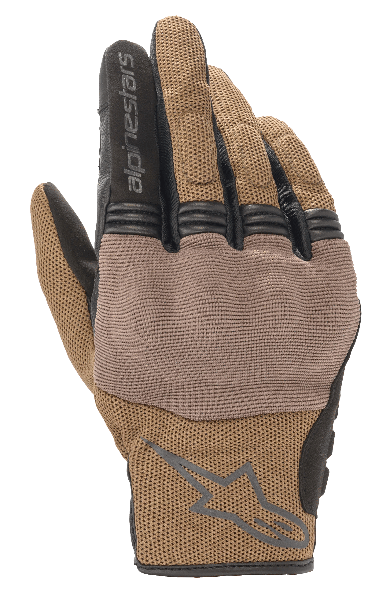 Alpinestars Copper Gloves, Urban Motorcycle Gloves, Teak Brown and Black, breathable mesh construction, textured panel over the knuckles, short cuff with Alpinestars logo and text branding