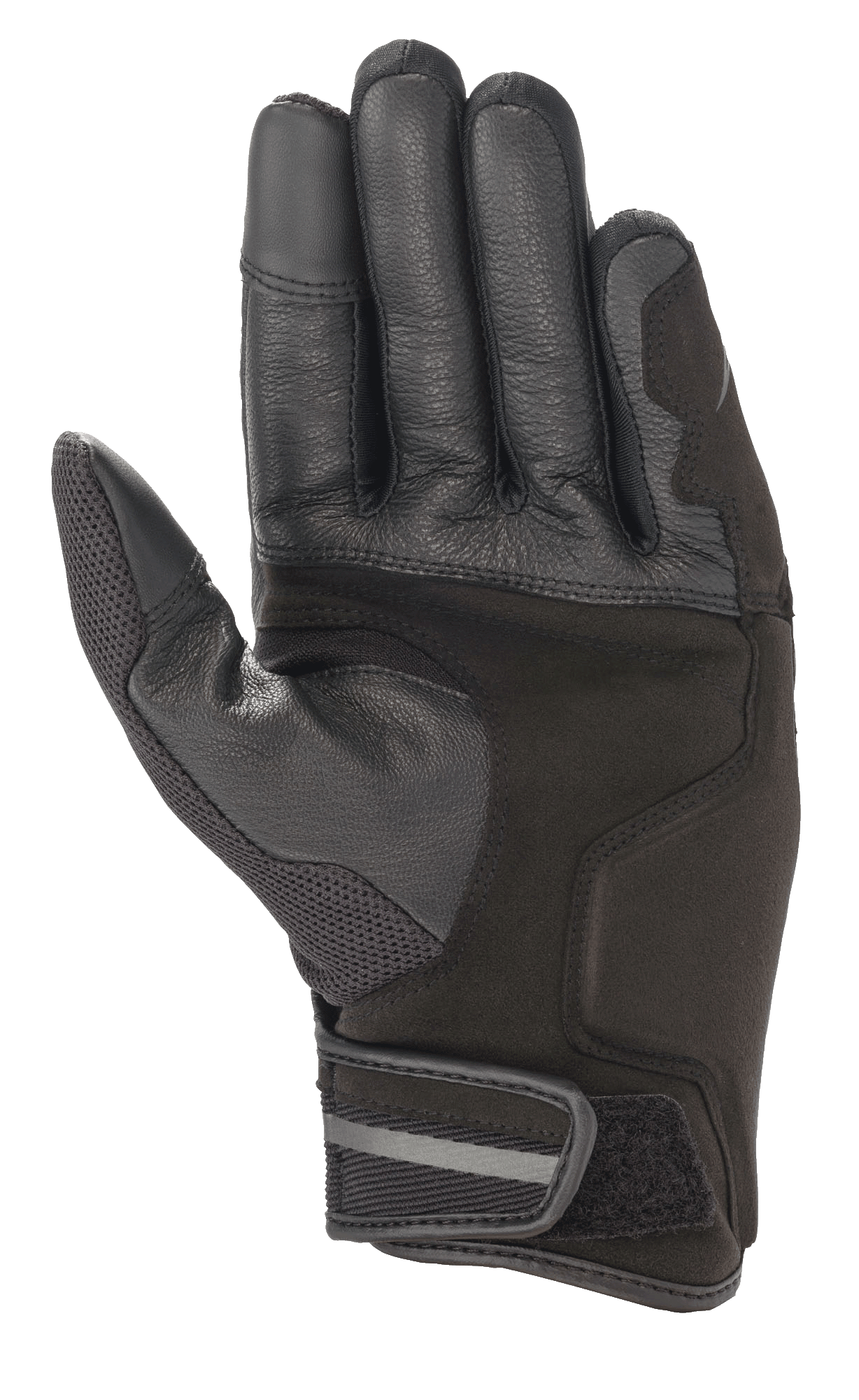 Luvas Alpinestars Chrome, luvas de motociclismo, cor Black Forest, vista da palma com construção em couro reforçado e camurça sintética, painel do polegar em malha e punho curto com fecho de velcro ajustável e detalhe refletor