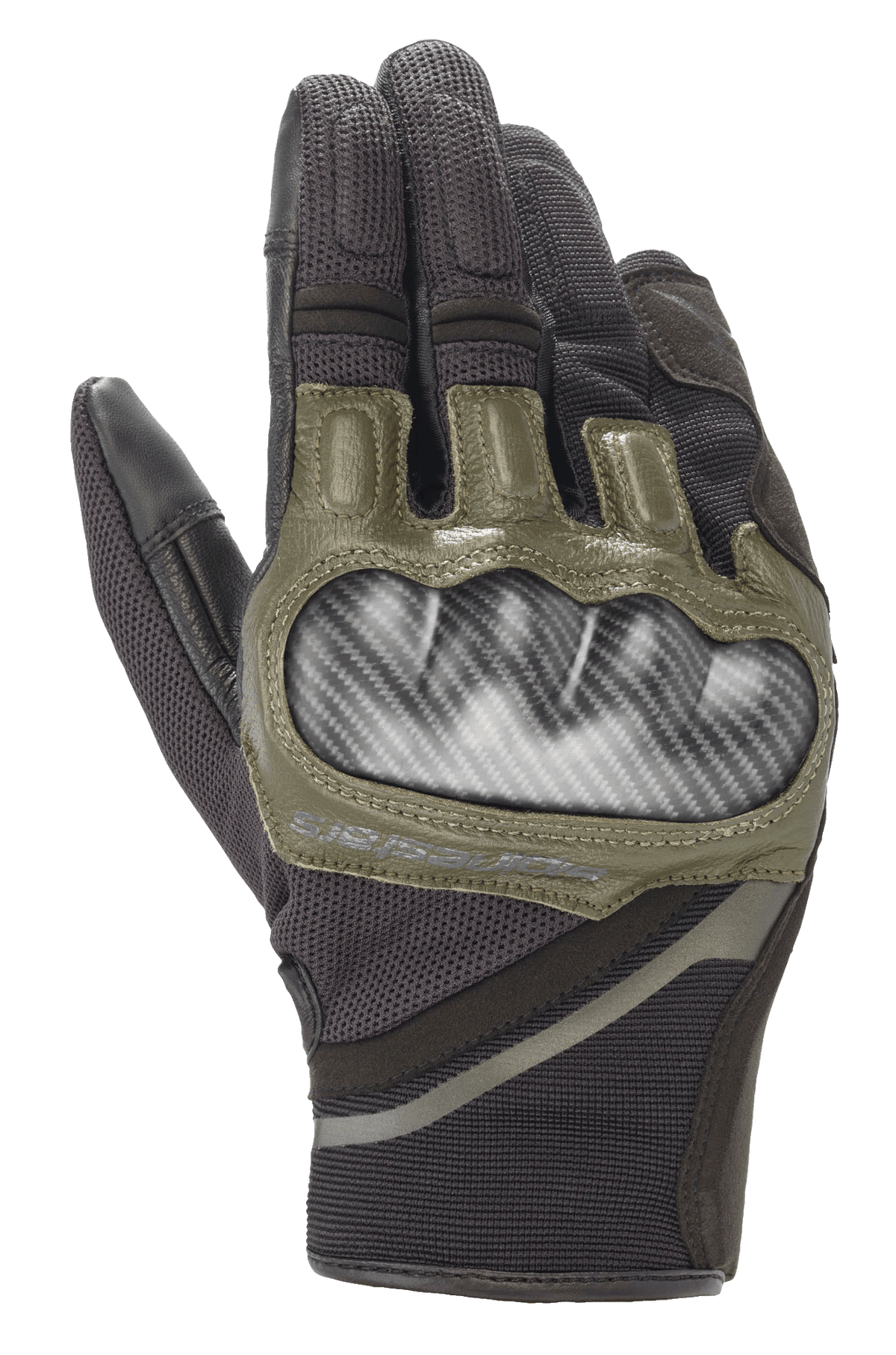 Alpinestars Chrome Gloves, luvas de motociclismo, preto e verde-floresta, com proteção rígida dos nós dos dedos com aspeto de carbono, detalhes em pele verde-oliva e construção têxtil durável de vários painéis