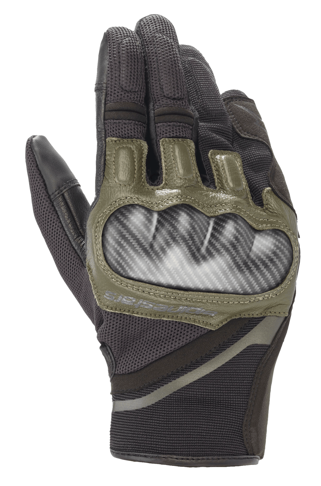 Alpinestars Chrome Gloves, luvas de motociclismo, preto e verde-floresta, com proteção rígida dos nós dos dedos com aspeto de carbono, detalhes em pele verde-oliva e construção têxtil durável de vários painéis