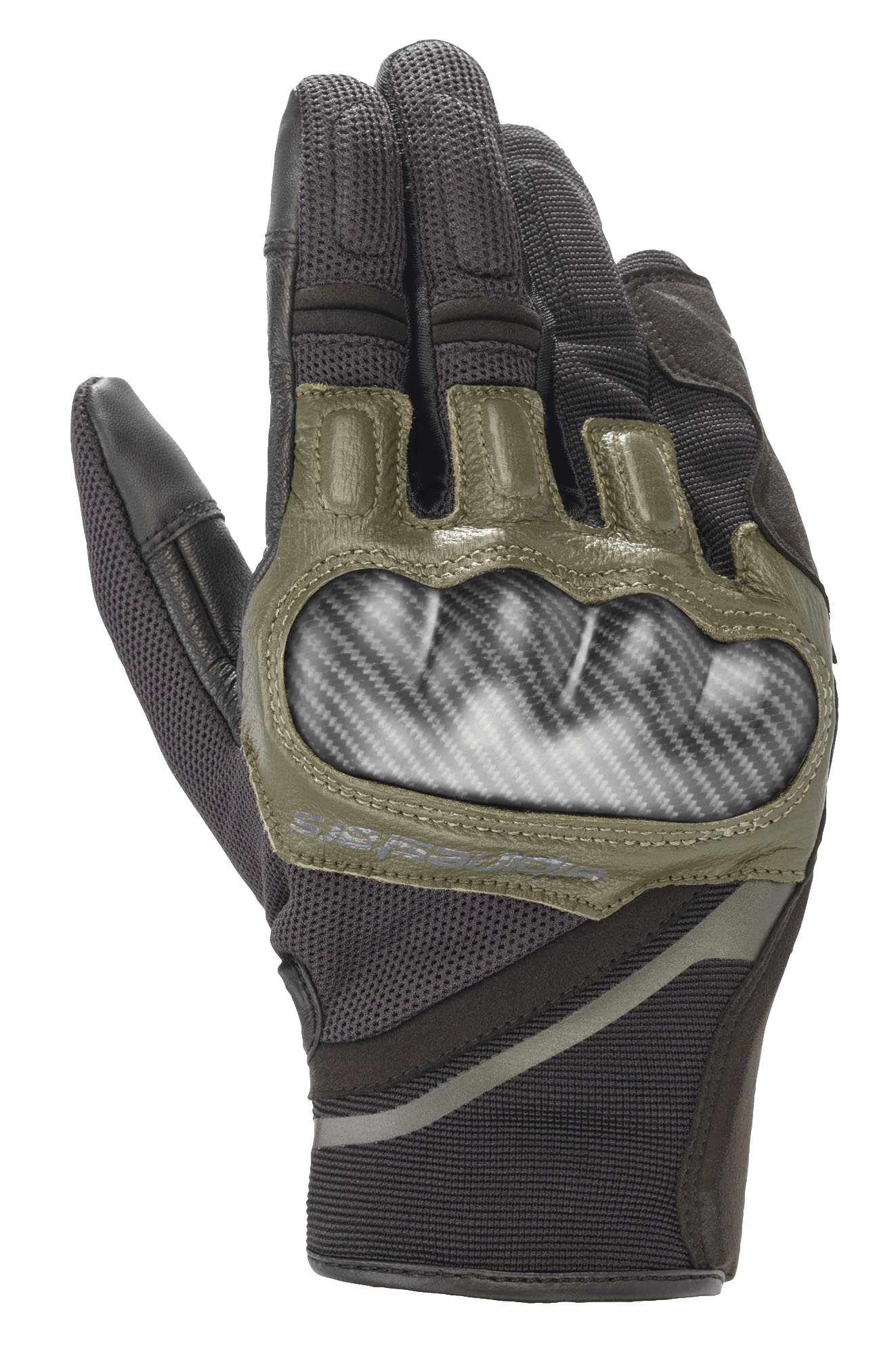Alpinestars Chrome Gloves, luvas de motociclismo, preto e verde-floresta, com proteção rígida dos nós dos dedos com aspeto de carbono, detalhes em pele verde-oliva e construção têxtil durável de vários painéis