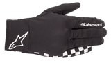 The Reef Glove by Alpinestars EU is a right black glove featuring "alpinestars" branding on the top, with a white logo near the wrist and a black-and-white checkered pattern along the lower edge. Made from stretch fabric, it boasts a synthetic suede palm and is touchscreen compatible, making it ideal for motorcycling or similar sports.