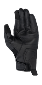 Luvas Alpinestars Morph Street, Pretas, vista da palma de luva de motociclismo de punho curto mostrando a palma em pele texturizada, pontas dos dedos compatíveis com ecrã tátil e fecho de pulso ajustável, equipamento de condução urbana