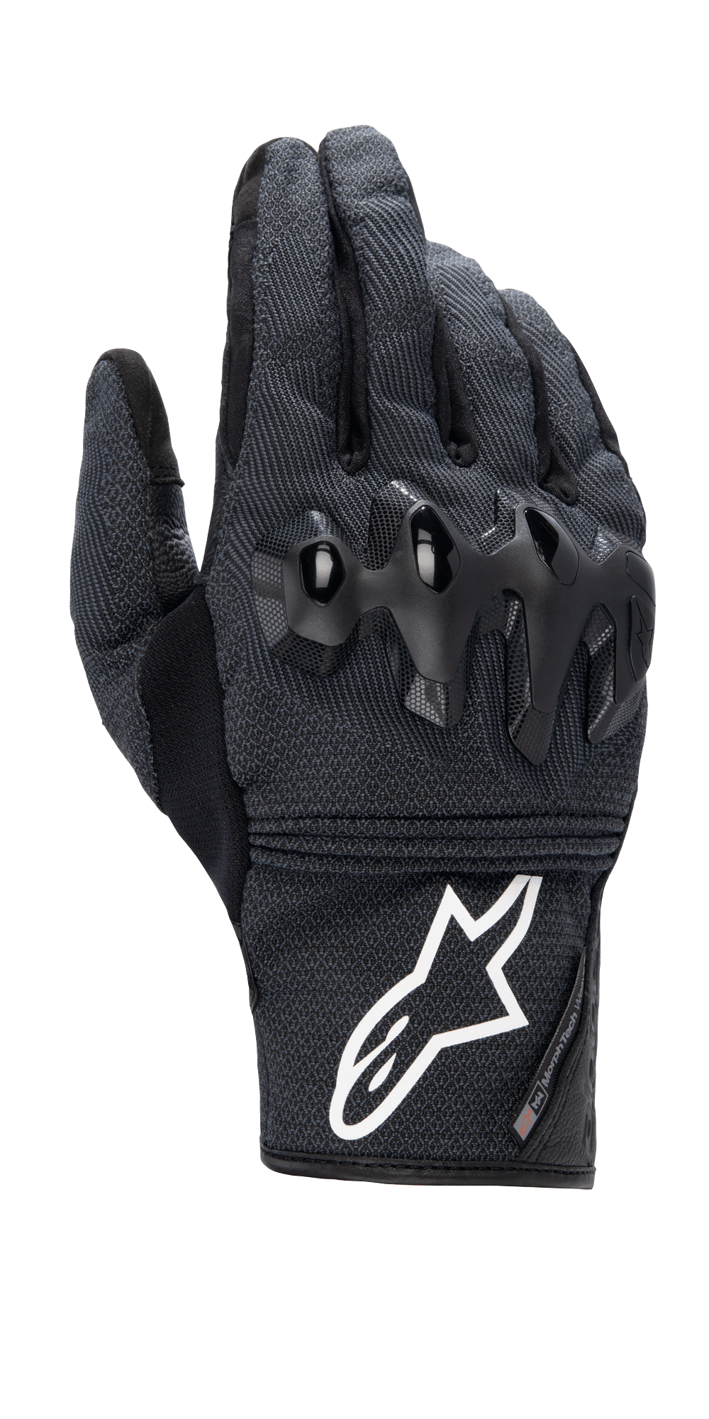 Alpinestars Morph Street Gloves, luvas de motociclismo pretas de punho curto, tecido texturizado MorphTech Weave com proteção preta brilhante nos nós dos dedos, logótipo branco proeminente no punho, equipamento de condução urbana