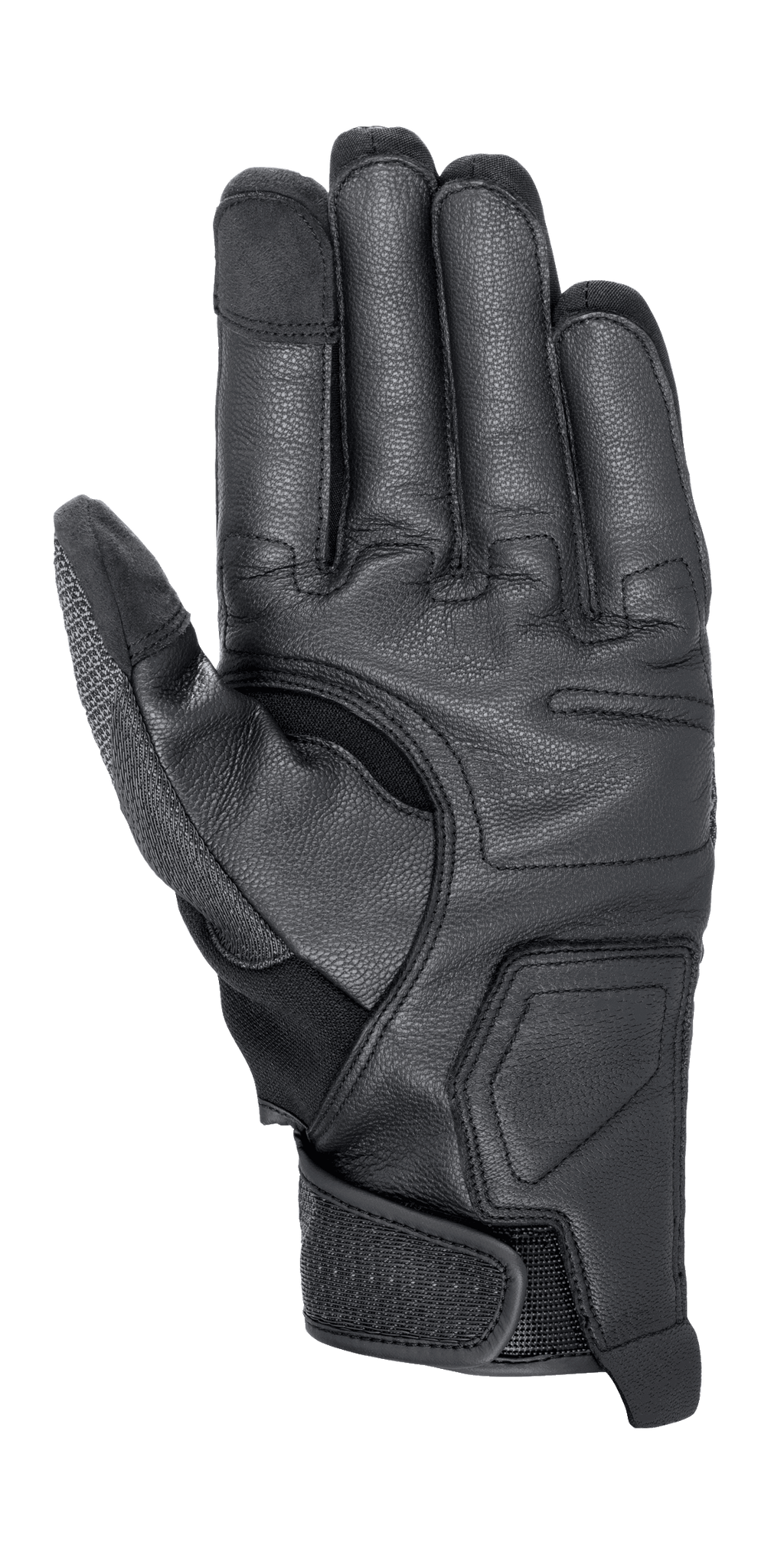 Luvas Alpinestars Morph Street, luvas de motociclismo, pretas, vista da palma com painéis de proteção reforçados, pontas dos dedos compatíveis com ecrãs táteis e tira de ajuste no pulso para um ajuste seguro
