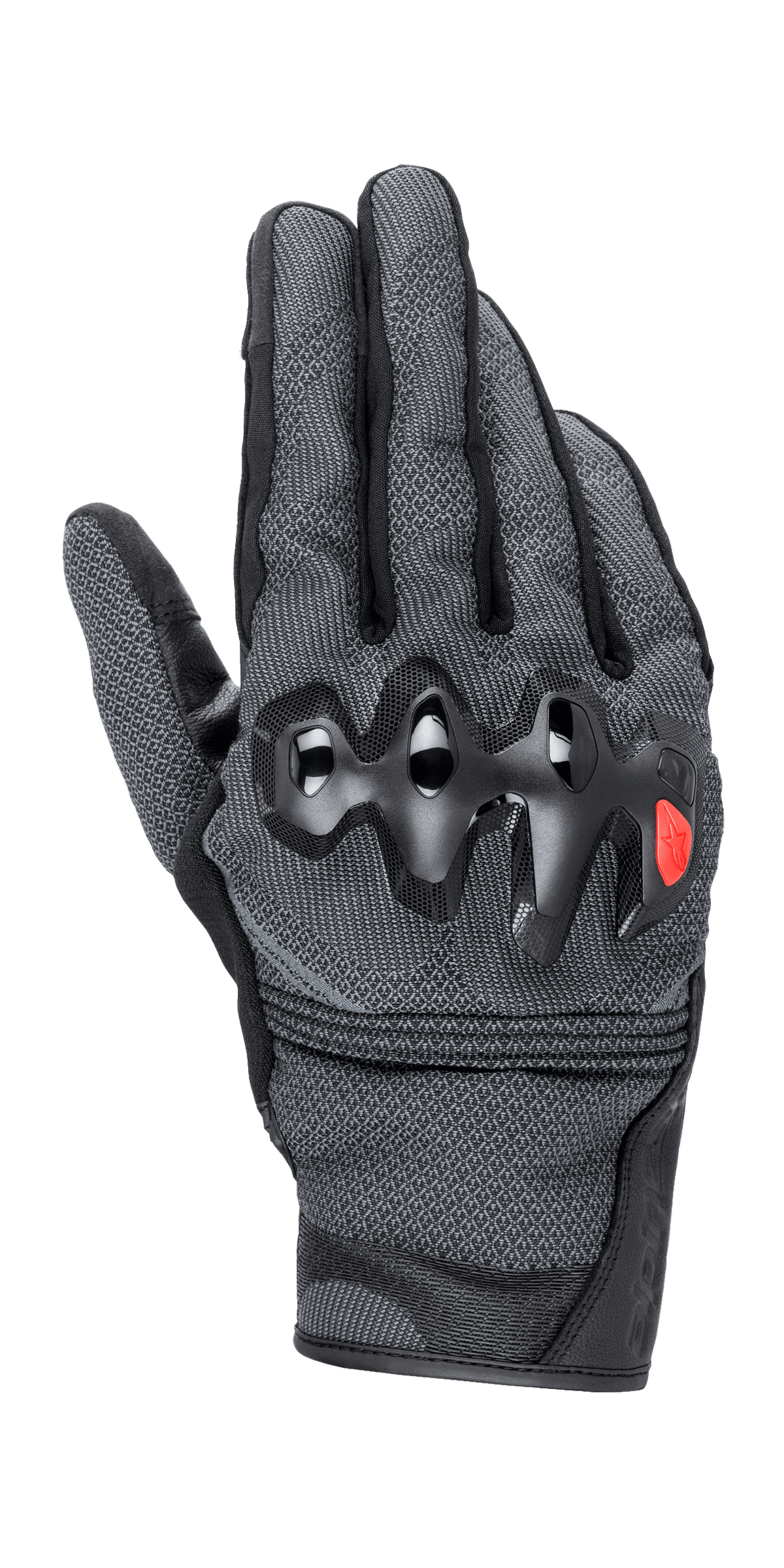 Alpinestars Morph Street Gloves, luvas de moto urbanas, cinzentas e pretas, proteções rígidas nos nós dos dedos com logótipo vermelho em destaque, construção MorphTech Weave texturizada, design de punho curto