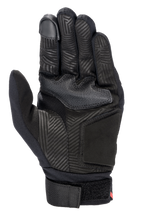 Alpinestars Aragon Glove, Palm View, Black, motorcycle glove featuring synthetic suede palm with maze pattern heat stamp, rubber grip zone, touchscreen compatible index finger, and adjustable webbing wrist strap