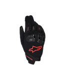 Alpinestars SP X 1 Gloves, Motorcycle Racing Gloves, Black and Red Fluo, featuring a red logo on the backhand, ergonomic black knuckle protectors, mesh textile construction, and sleek short-cuff design for sport riding