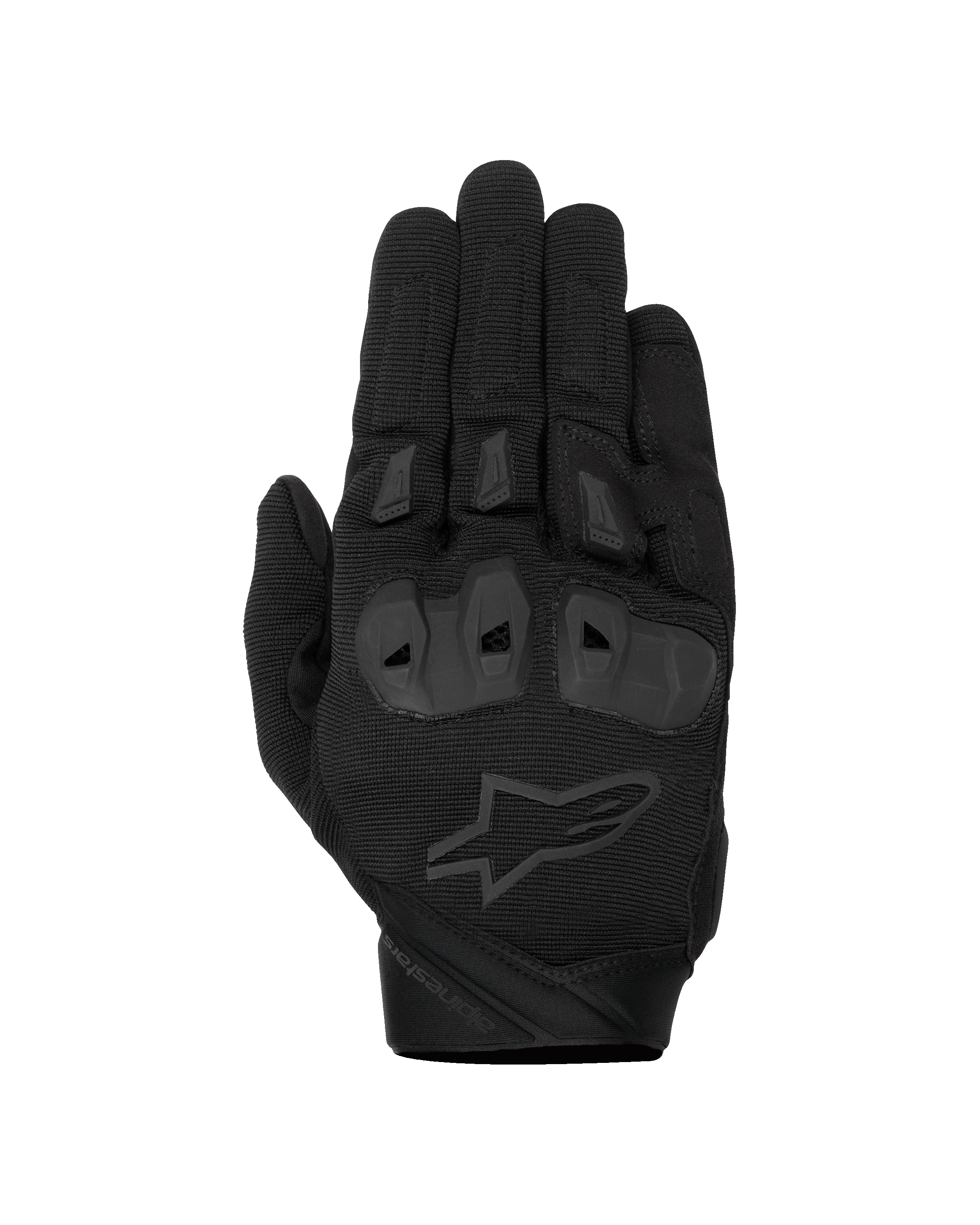 Alpinestars SP X 1 Gloves, Black motorcycle racing gloves, textured stretch fabric top hand, tonal black star logo, integrated TPR knuckle protection and finger sliders, durable sport riding design