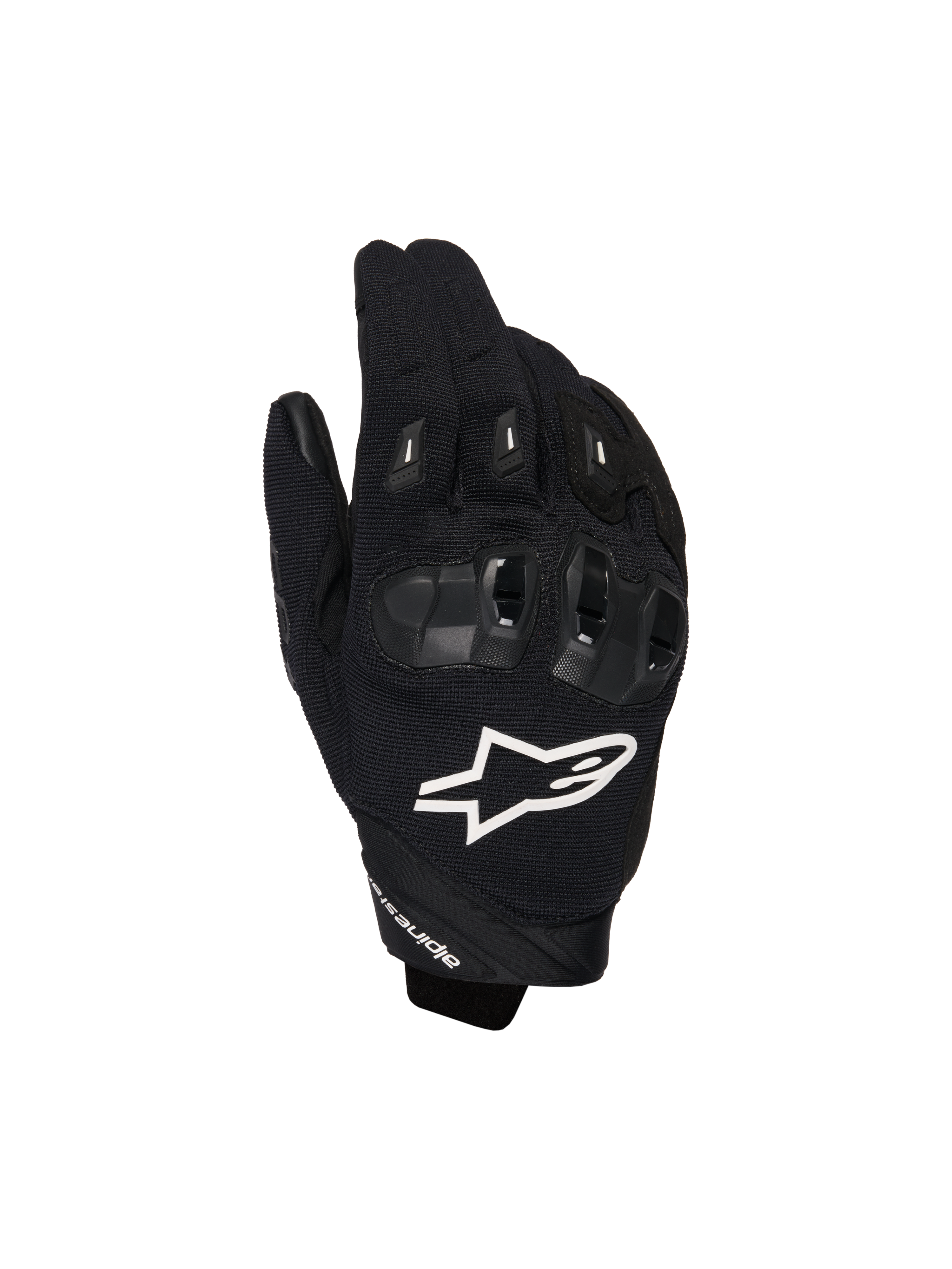 Luvas Alpinestars SP X 1, luvas desportivas de motociclismo, pretas com logótipo branco, vista superior com proteção TPR nos nós dos dedos e tecido de malha ventilado, equipamento de proteção para condução em estrada e desportiva