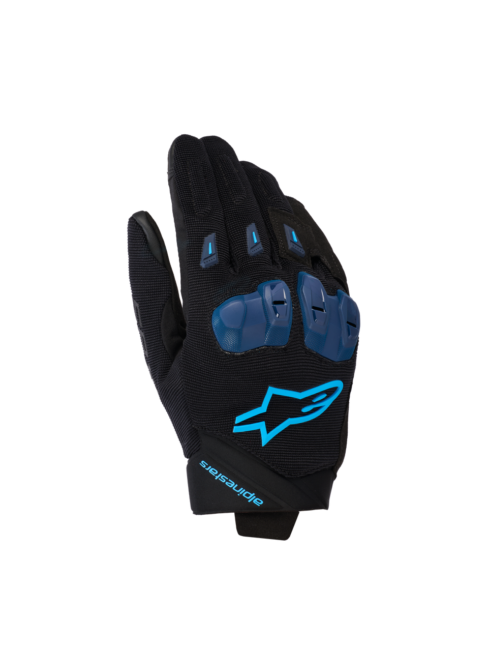 Alpinestars SP X 1, luvas de motociclismo, pretas e azul Blithe, com protetores de nós dos dedos em TPR azul, logótipo de estrela azul brilhante nas costas da mão, construção em tecido elástico, design desportivo elegante com detalhes focados na performance
