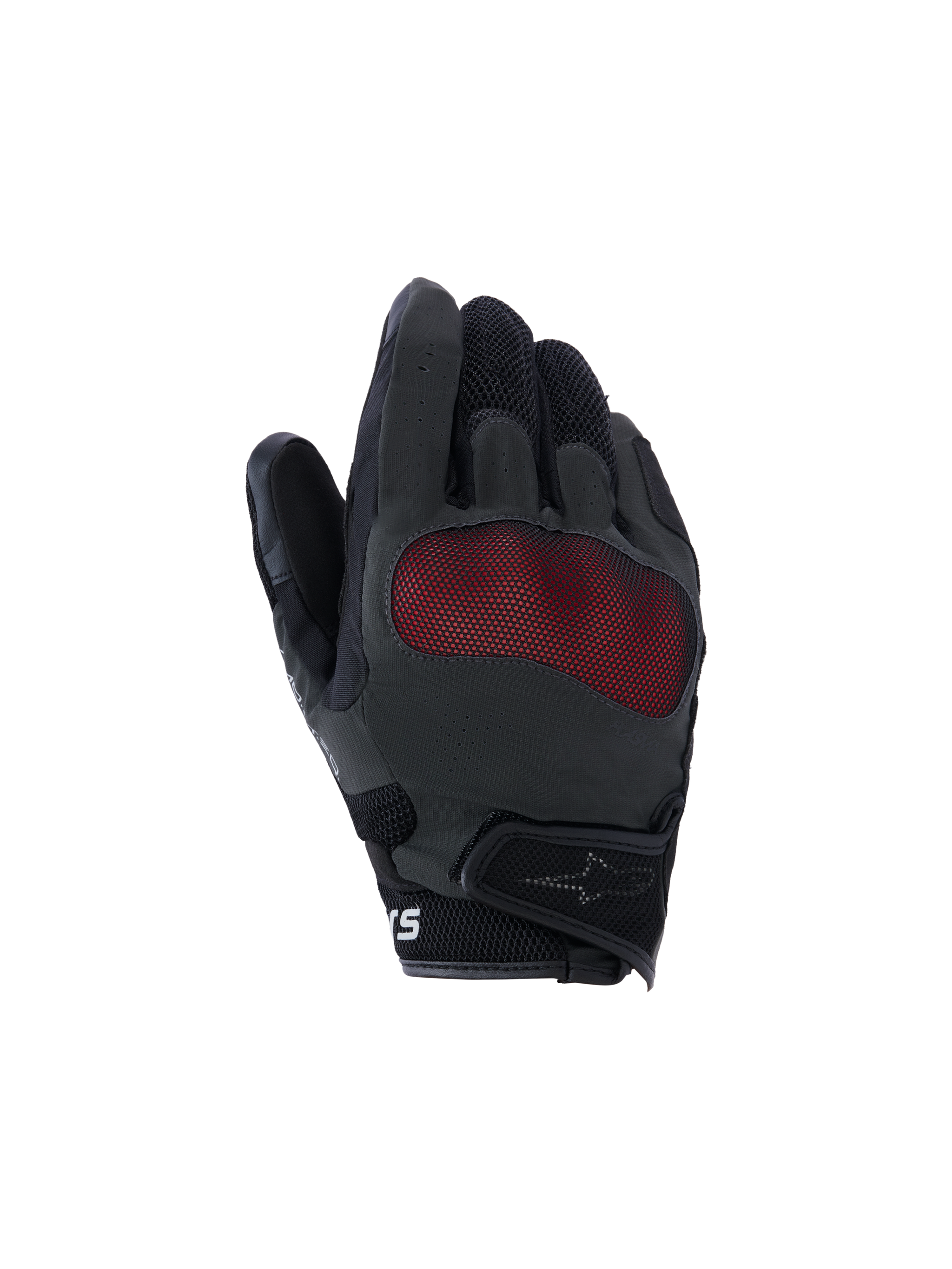 Alpinestars Mogress Airflow Gloves, luvas de moto com painel em malha vermelha, pretas e vermelhas, material texturizado nos dedos, área da palma reforçada, design ergonómico com perfurações para respirabilidade, proteção e aderência
