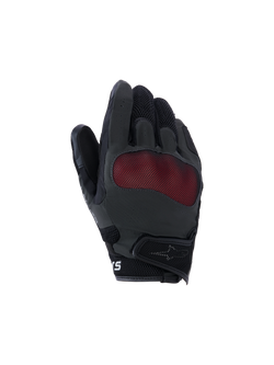 Alpinestars Mogress Airflow Gloves, Motorcycle Riding Gloves, Black and Red, backhand view featuring red mesh knuckle protection, 3D breathable mesh panels, short cuff design with hook-and-loop strap, urban riding style