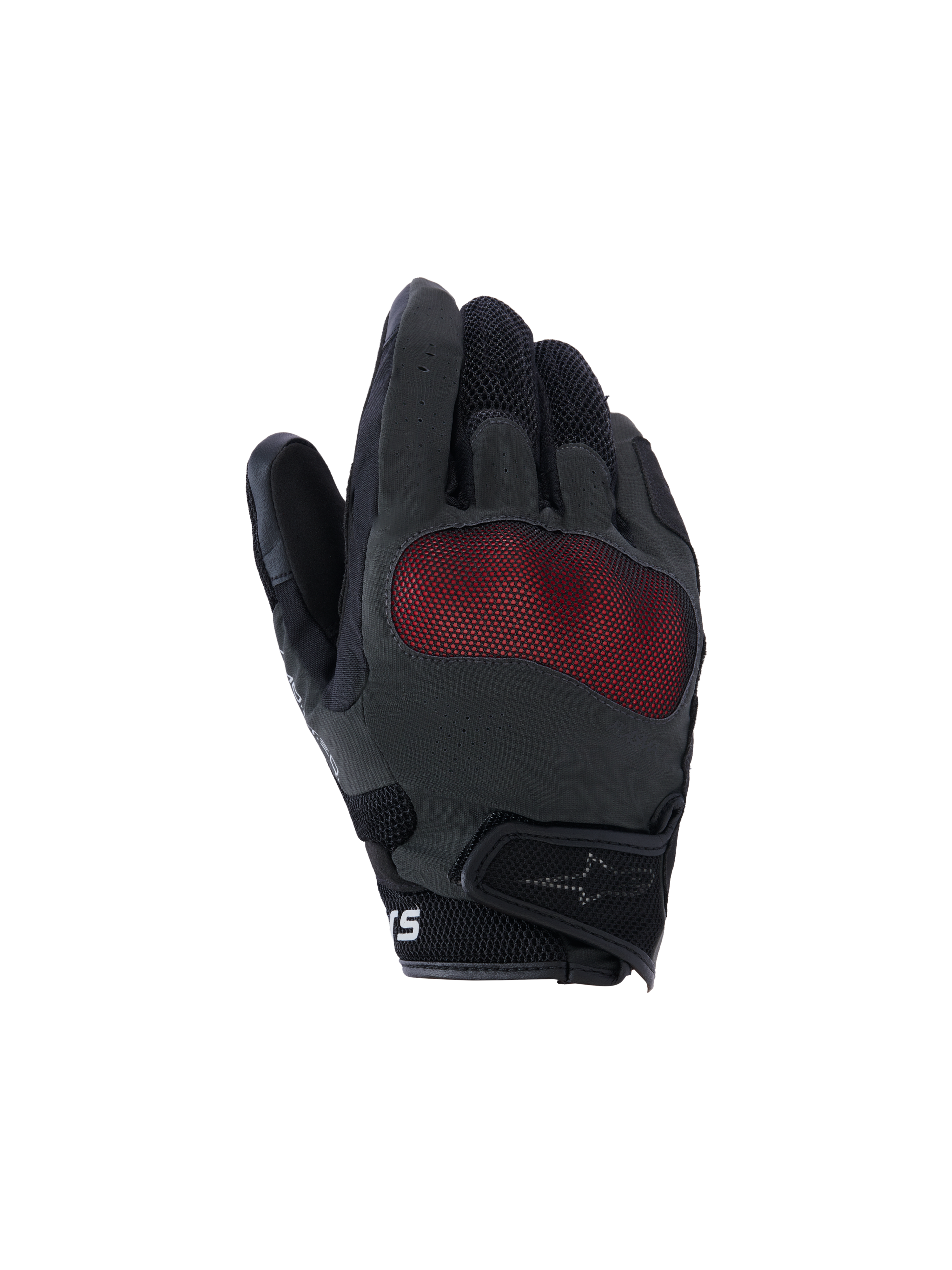 Alpinestars Mogress Airflow Gloves, luvas de motociclismo, pretas e vermelhas, vista do dorso com proteção dos nós dos dedos em malha vermelha, painéis de malha 3D respirável, design de punho curto com fecho de velcro, estilo de condução urbana