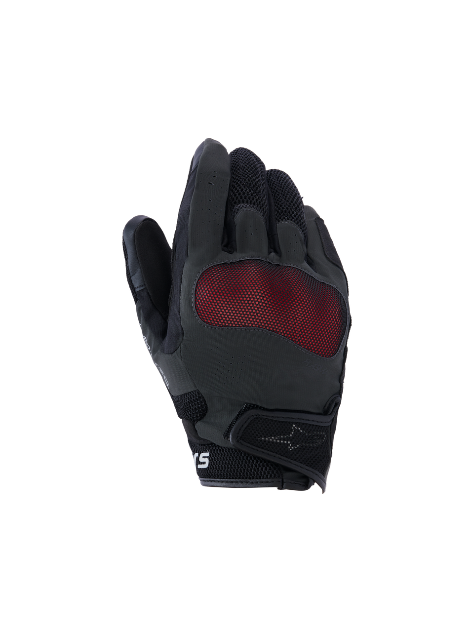 Alpinestars Mogress Airflow Gloves, luvas de motociclismo, pretas e vermelhas, vista do dorso com proteção dos nós dos dedos em malha vermelha, painéis de malha 3D respirável, design de punho curto com fecho de velcro, estilo de condução urbana