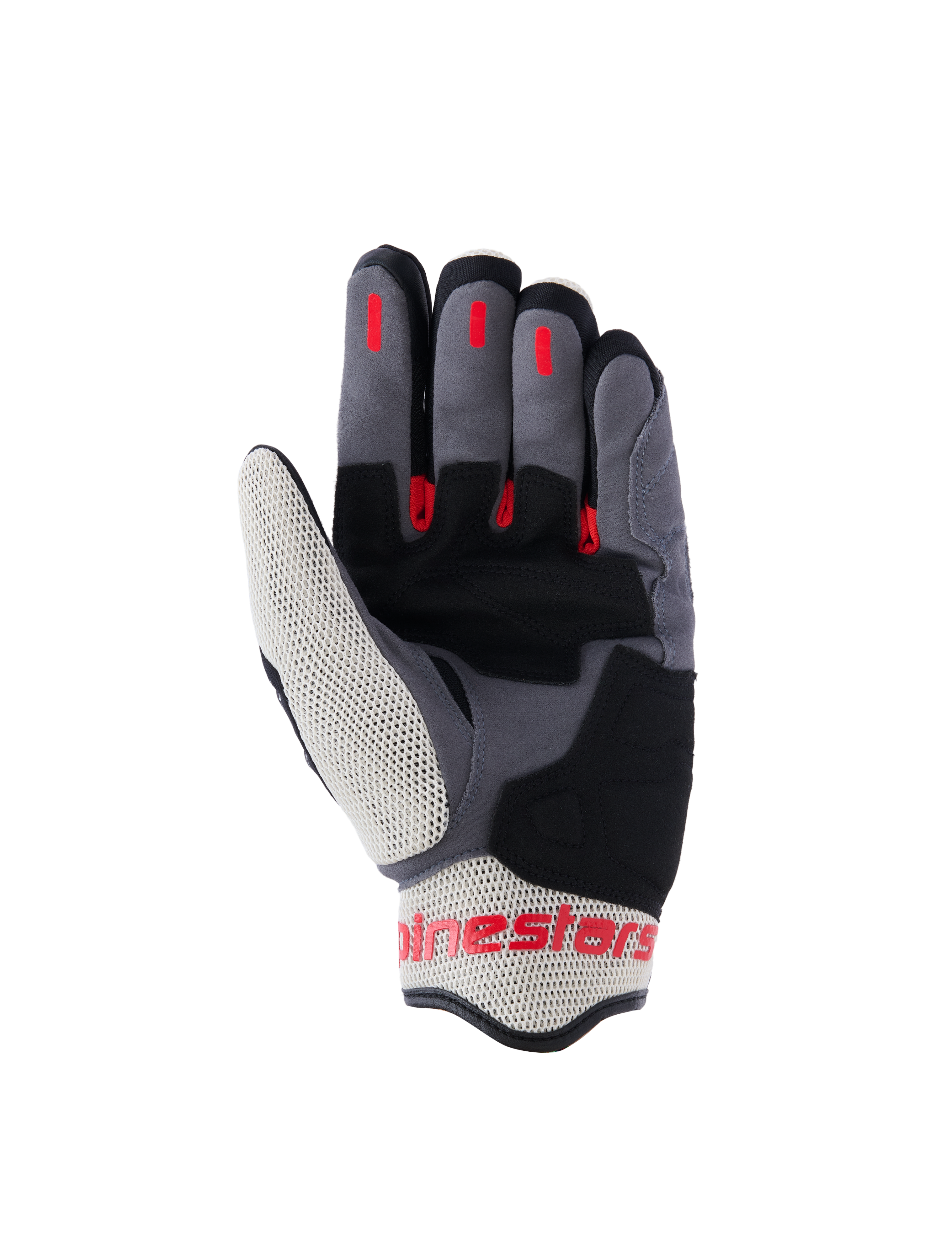 Alpinestars Mogress Airflow Gloves, Urban Motorcycle Gloves, Black Flame Red and Ecru, palm view featuring synthetic suede reinforcements, red silicone grip inserts on fingers, and breathable mesh panels on the thumb and cuff.