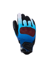 Alpinestars Mogress Airflow Gloves, luvas de moto com design em gradiente azul e branco nos dedos, malha preta nos nós dos dedos, palma vermelha texturizada, fecho preto com logótipo branco, respiráveis e ergonómicas