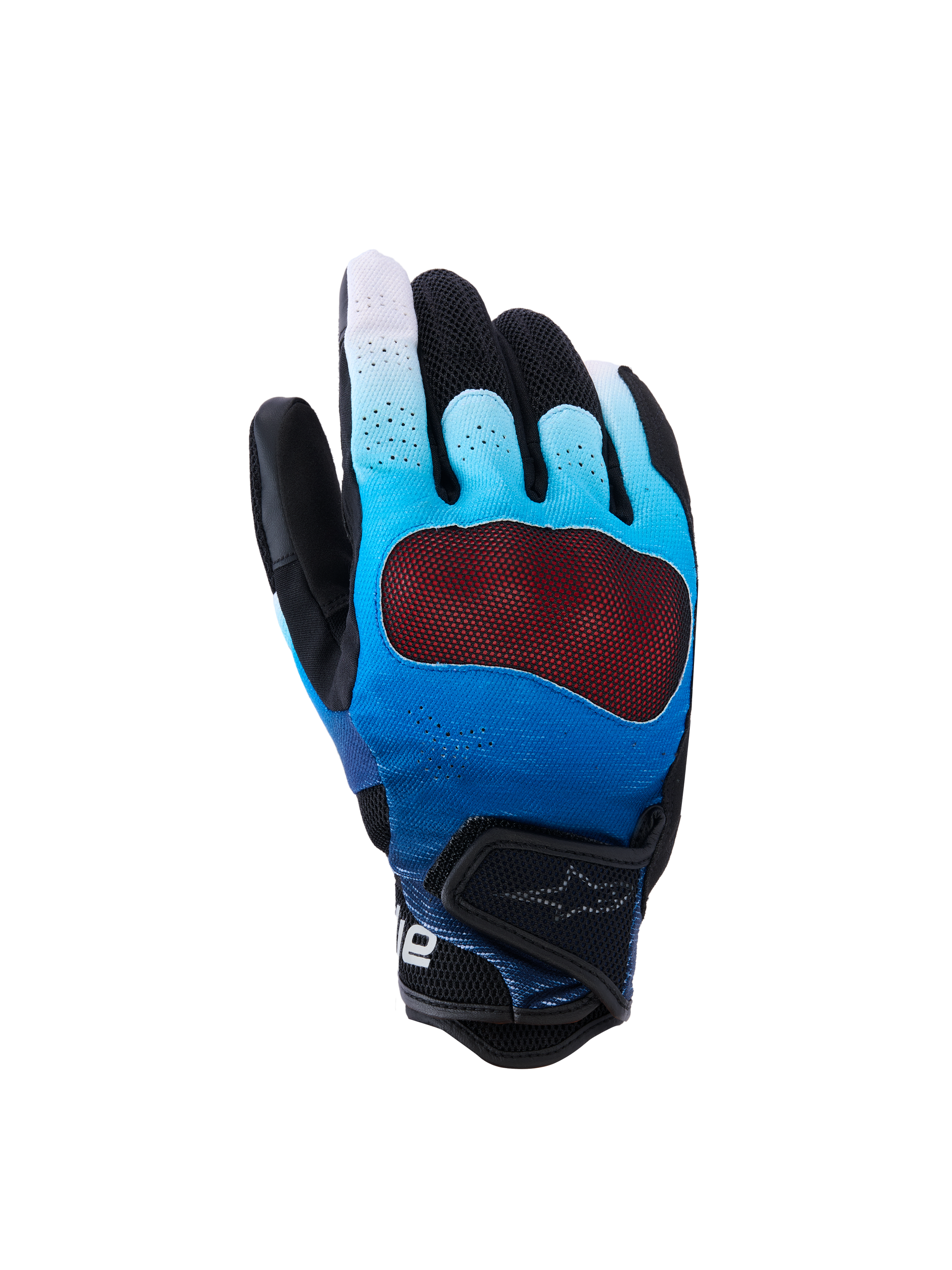 Alpinestars Mogress Airflow Gloves, luvas de moto com design em gradiente azul e branco nos dedos, malha preta nos nós dos dedos, palma vermelha texturizada, fecho preto com logótipo branco, respiráveis e ergonómicas
