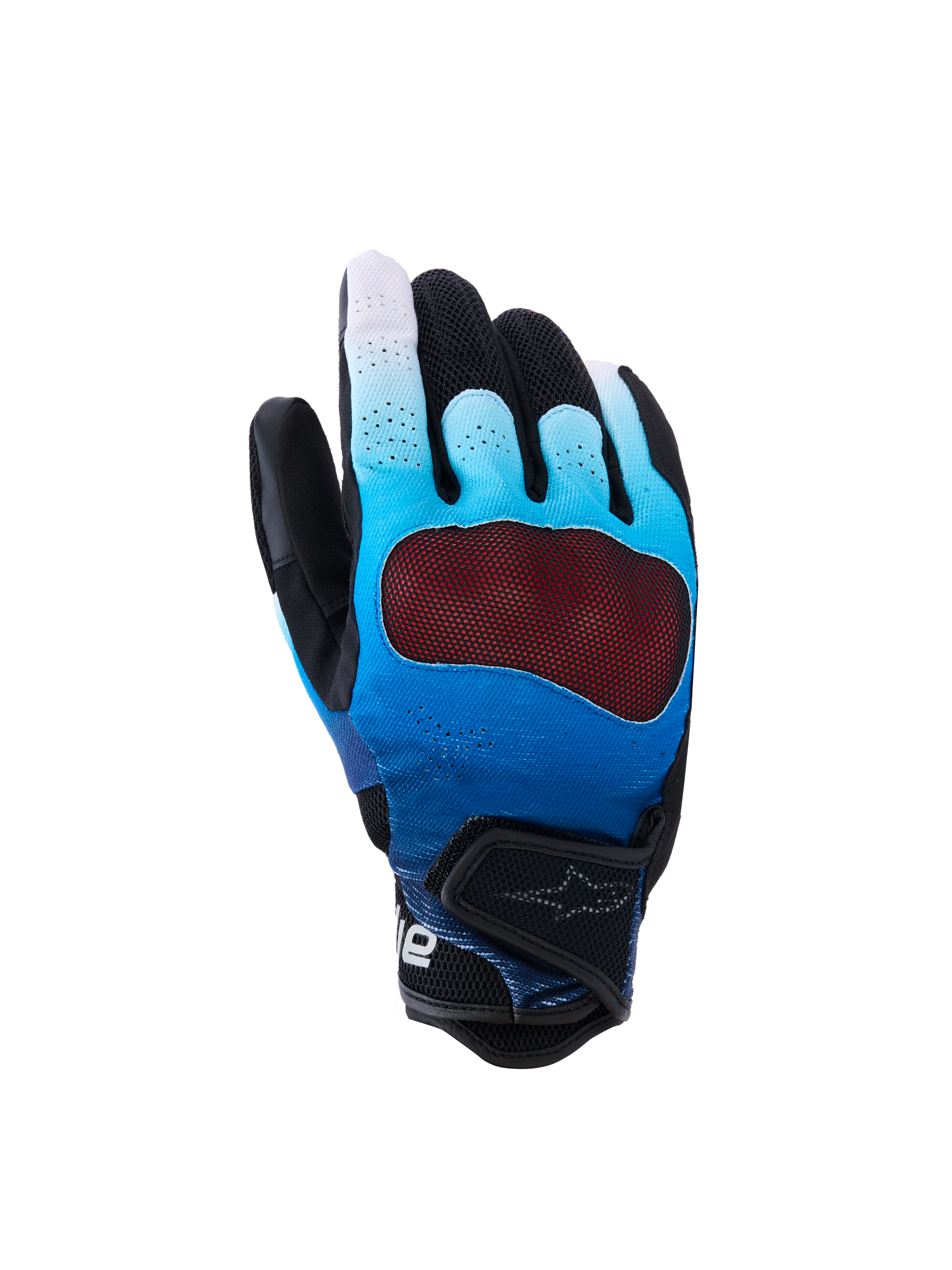 Alpinestars Mogress Airflow Gloves, Motorcycle Gloves, Fading Blue and Black, featuring a red see-through knuckle protector, breathable perforated backhand with 3D mesh panels, short cuff with adjustable strap, urban riding design