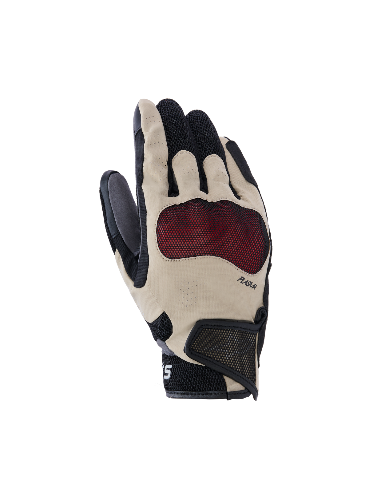 Alpinestars Mogress Airflow Gloves, luvas de motociclismo, bege, pretas e vermelhas, com proteção de nós dos dedos Nucleon Plasma em vermelho, dedos perfurados a laser, painéis de malha 3D para ventilação e punho curto com fecho de velcro