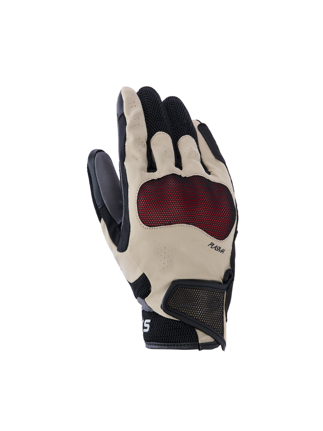 Alpinestars Mogress Airflow Gloves, Motorcycle Gloves, Beige Black and Red, featuring red Nucleon Plasma knuckle protection, laser-perforated fingers, 3D mesh panels for airflow, and a short cuff with Velcro strap